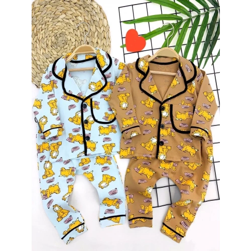 9-12-18-24 Ay Garfield Baskılı Düğme Kapamalı 2li Kız Erkek Bebek Pijama Takımı Mavi