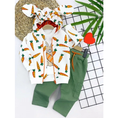 9-12-18-24 Ay Havuçlu Kulaklı Kapşonlu Fermuar Kapamalı 3lü Erkek Bebek Takımı Ekru