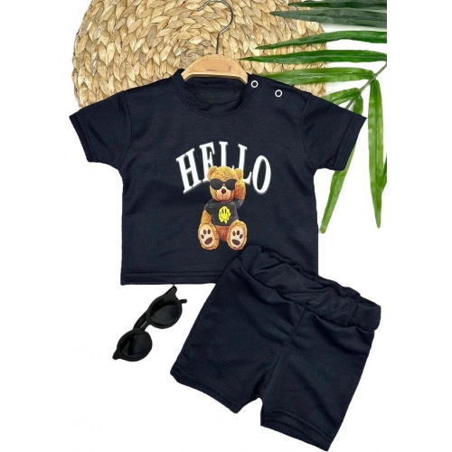 9-12-18-24 Ay Hello Gözlüklü Ayıcık Baskılı Şortlu Kısa Kollu Tişört 2li Erkek Bebek Takımı