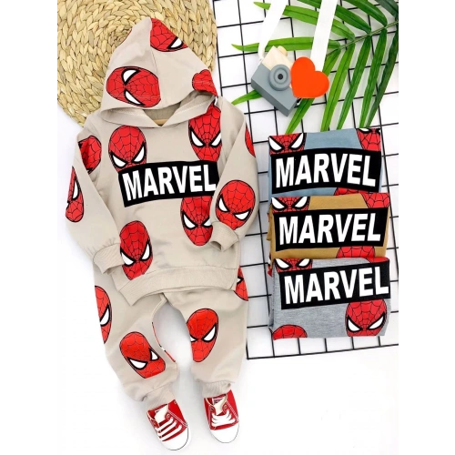 9-12-18-24 Ay Kapşonlu Örümcek Adam Baskılı Uzun Kollu 3lü Kız Erkek Bebek Takımı Hardal