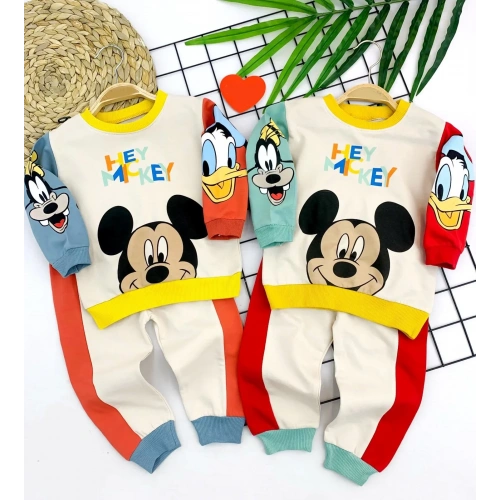 9-12-18-24 Ay Mickey Ve Arkadaşları Desenli Uzun Kollu Sweat 2li Kız Erkek Bebek Takımı Yeşil
