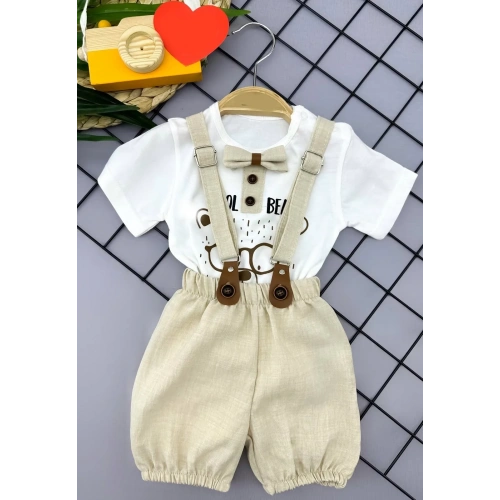 9-12-18-24 Ay Papyon Detaylı Keten Şort Salopet Tişörtlü 2li Erkek Bebek Takımı