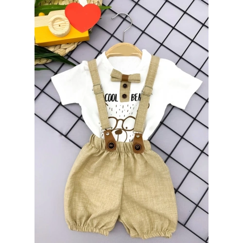 9-12-18-24 Ay Papyon Detaylı Keten Şort Salopet Tişörtlü 2li Erkek Bebek Takımı