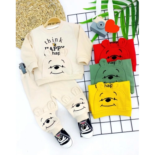 9-12-18-24 Ay Pohh Desenli Uzun Kollu Sweat 2li Kız Erkek Bebek Takımı Krem