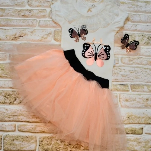 9-12-18 Ay Payetli Kelebek Nakışlı Taçlı Kısa Kollu Tütü Etek 3lü Kız Bebek Takımı Pudra