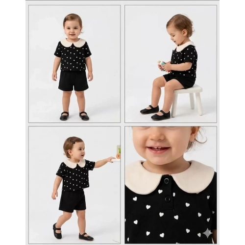 9/24 Ay Bebe Yaka Piti Kalp Baskılı Bebek Takımı