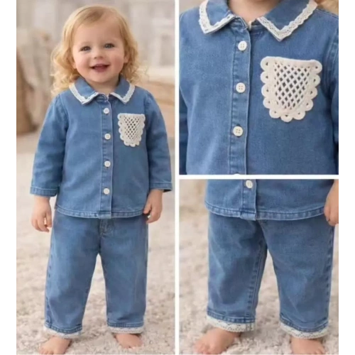 9-24 Ay Dantel Cep Detaylı Kot Bebek Takımı