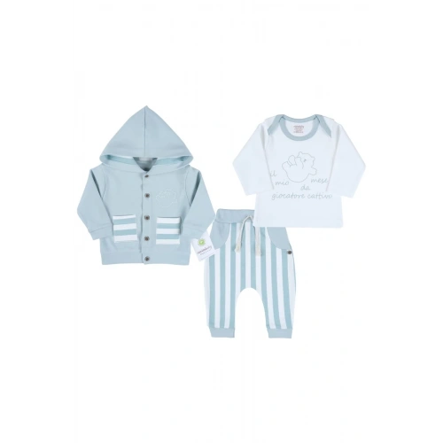 Ayıcık Nakışlı Hırkalı % 100 Pamuk Erkek Bebek Takım