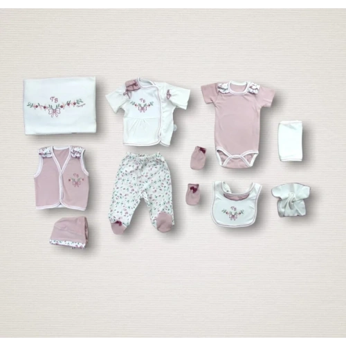 Bahar Çiçekleri Nakışlı  10lu Zıbın Takımı Hastane Çıkışı Gül Kurusu