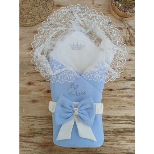 Bal Peteği My Prince Taç Nakışlı İnci Fiyonklu Dantel Duvaklı Delüks Kundak Bebek Battaniyesi Mavi