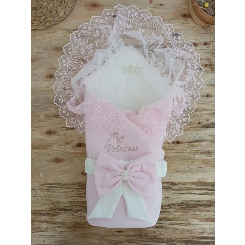 Bal Peteği My Princess Taç Nakış İnci Fiyonklu Dantel Duvaklı Delüks Kundak Bebek Battaniyesi Pembe