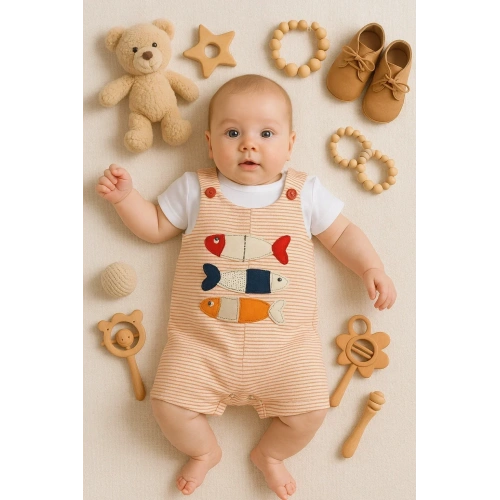 Balık Nakışlı Kısa Kollu Erkek Bebek Tulumu