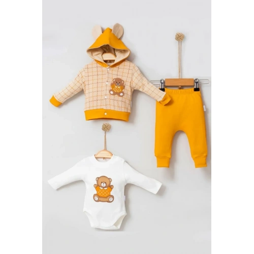 Bear Çizgili % 100 Pamuk Hırkalı 3lü Bebek Takımı