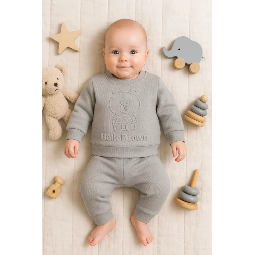 Bear Gofre Kabartmalı 2li Erkek Bebek Takımı