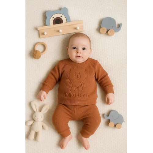 Bear Gofre Kabartmalı 2li Erkek Bebek Takımı