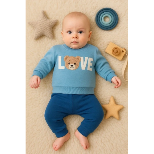 Bear Love Nakışlı % 100 Pamuklu 2li Erkek Takım