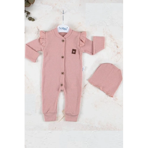 Boydan Düğmeli Şapkalı % 100 Pamuk Kız Bebek Tulumu