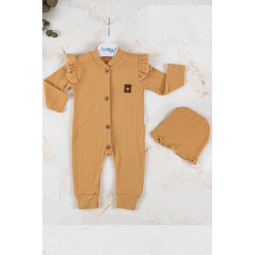 Boydan Düğmeli Şapkalı % 100 Pamuk Kız Bebek Tulumu