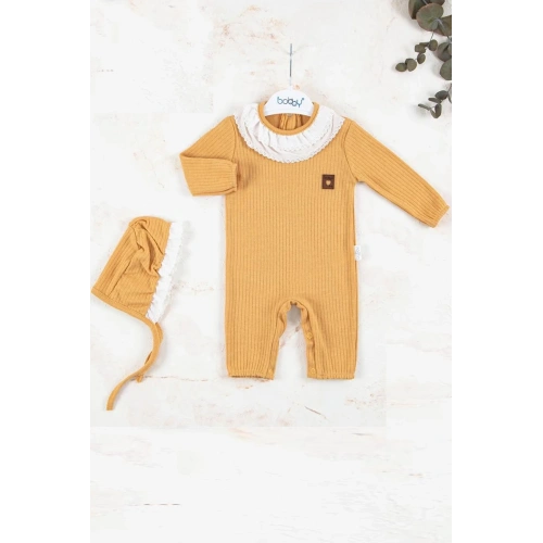 Brode Nakışlı Şapkalı % 100 Pamuk Kız Bebek Tulumu