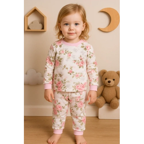 Büyük Çiçek Desenli Kız Bebek Eşofman Takımı %100 Pamuk