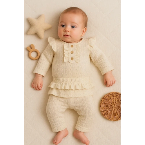 Büzgü Detaylı Fırfırlı % 100 Pamuk 2li Kız Bebek Takımı