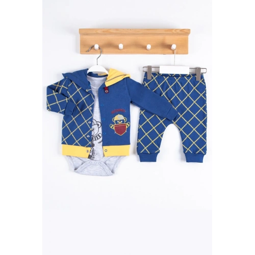 Cep Desenli Kapişonlu % 100 Pamuk Hırkalı 3lü Erkek Takım