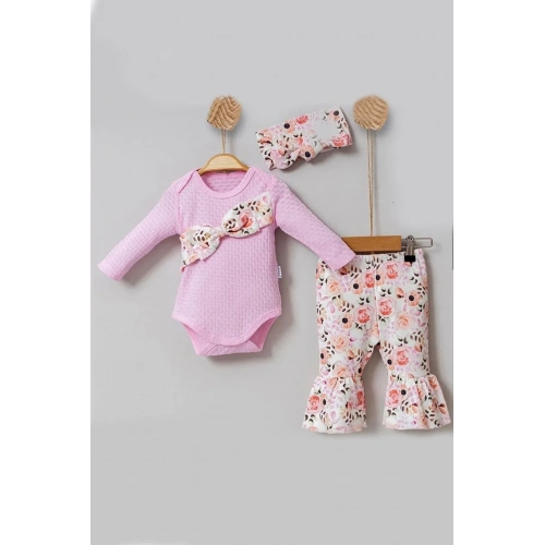 Çiçek Desenli Fiyonklu 3lü Kız Bebek Takım