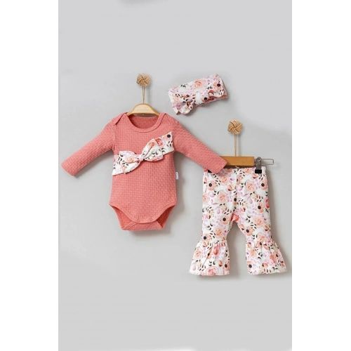 Çiçek Desenli Fiyonklu 3lü Kız Bebek Takım