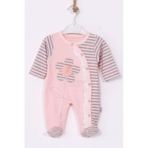 Çiçek Nakışlı % 100 Pamuk Ayaklı Kız Bebek Tulumu