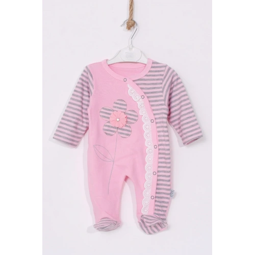 Çiçek Nakışlı % 100 Pamuk Ayaklı Kız Bebek Tulumu