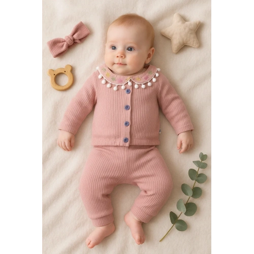 Çiçek Nakışlı Düşmeli Bandanalı Kız Bebek Takımı