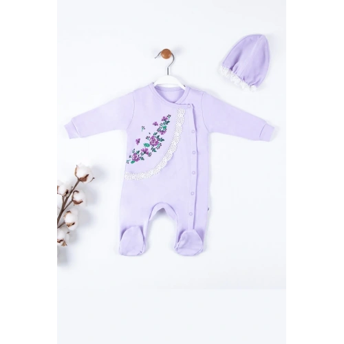 Çiçek Nakışlı Şapkalı % 100 Pamuk Kız Bebek Tulumu