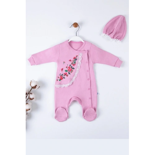 Çiçek Nakışlı Şapkalı % 100 Pamuk Kız Bebek Tulumu