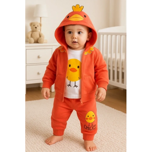 Civciv Desenli Kapişonlu 3lü Erkek Bebek Takımı