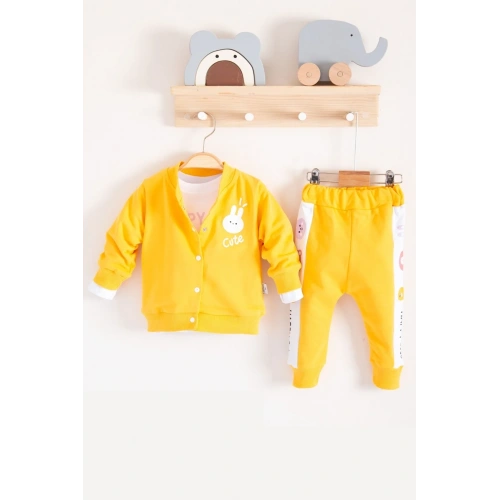 Cute Funny Desenli Kapişonlu Pamuklu 3lü Kız Bebek Takımı