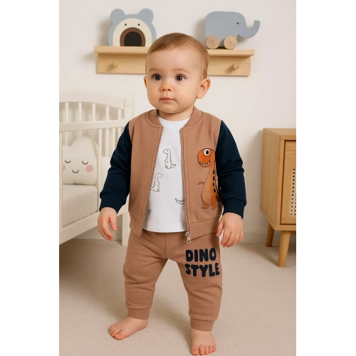 Dinazor Desenli Hırkalı 3lü Erkek Bebek Takım
