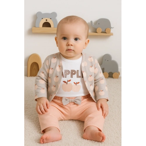 Elma Desenli Ceketli 3lü Kız Bebek Takımı