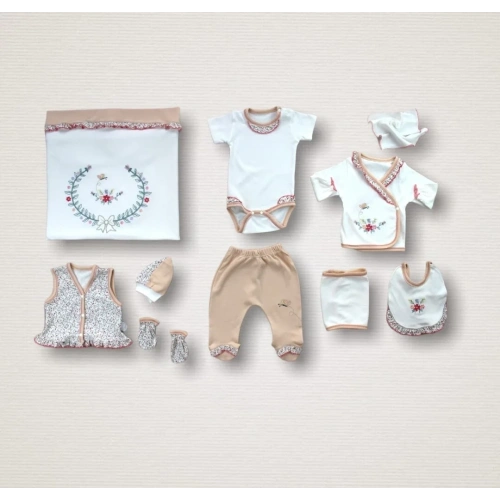 Erguvan Taç Nakışlı  Kız Bebek 10lu Zıbın Takımı Hastane Çıkışı Nar Çiçeği