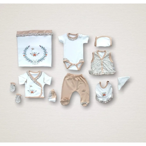 Erguvan Taç Nakışlı  Kız Bebek 10lu Zıbın Takımı Hastane Çıkışı Turuncu