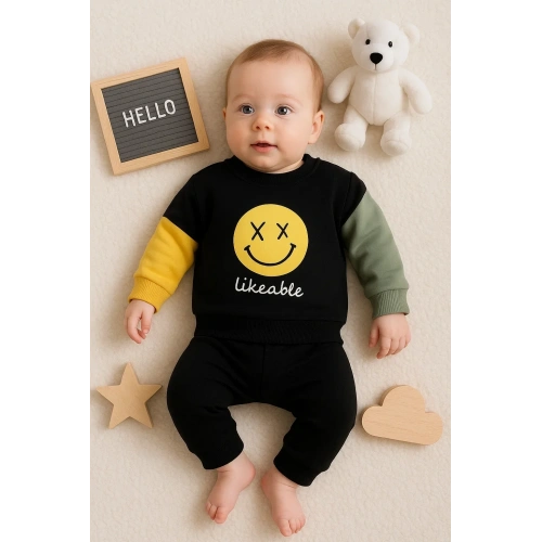 Erkek Bebek Emoji Baskılı Takım % 100 Pamuk