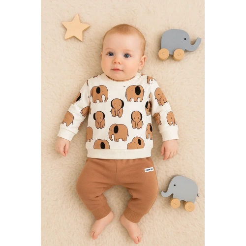 Fil Desenli 2li % 100 Pamuk Erkek Bebek Takımı