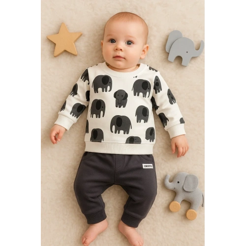 Fil Desenli 2li % 100 Pamuk Erkek Bebek Takımı