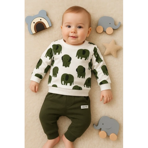 Fil Desenli 2li % 100 Pamuk Erkek Bebek Takımı