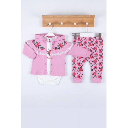 Flover Nakışlı Hırkalı % 100 Pamuk 3lü Kız Takım