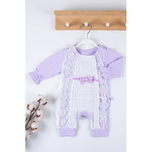 Gofralı Fransız Güpürlü % 100 Pamuk Kız Bebek Tulumu