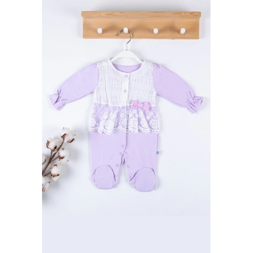 Gofralı Fransız Güpürlü % 100 Pamuk Kız Bebek Tulumu