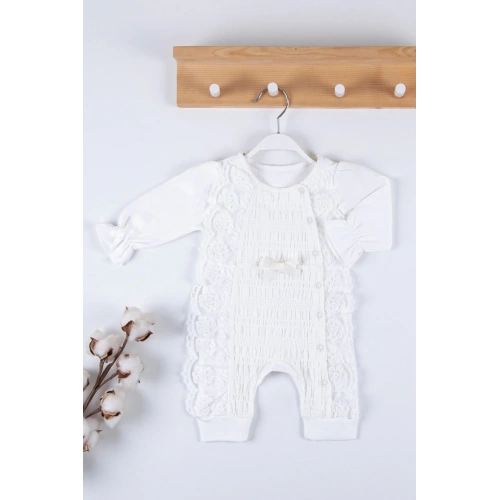 Gofralı Fransız Güpürlü % 100 Pamuk Kız Bebek Tulumu