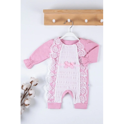 Gofralı Fransız Güpürlü % 100 Pamuk Kız Bebek Tulumu