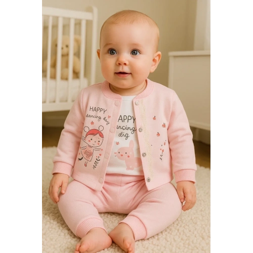 Happy Dancing Desenli 3lü Hırkalı Kız Bebek Takım