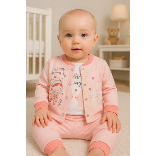 Happy Dancing Desenli 3lü Hırkalı Kız Bebek Takım